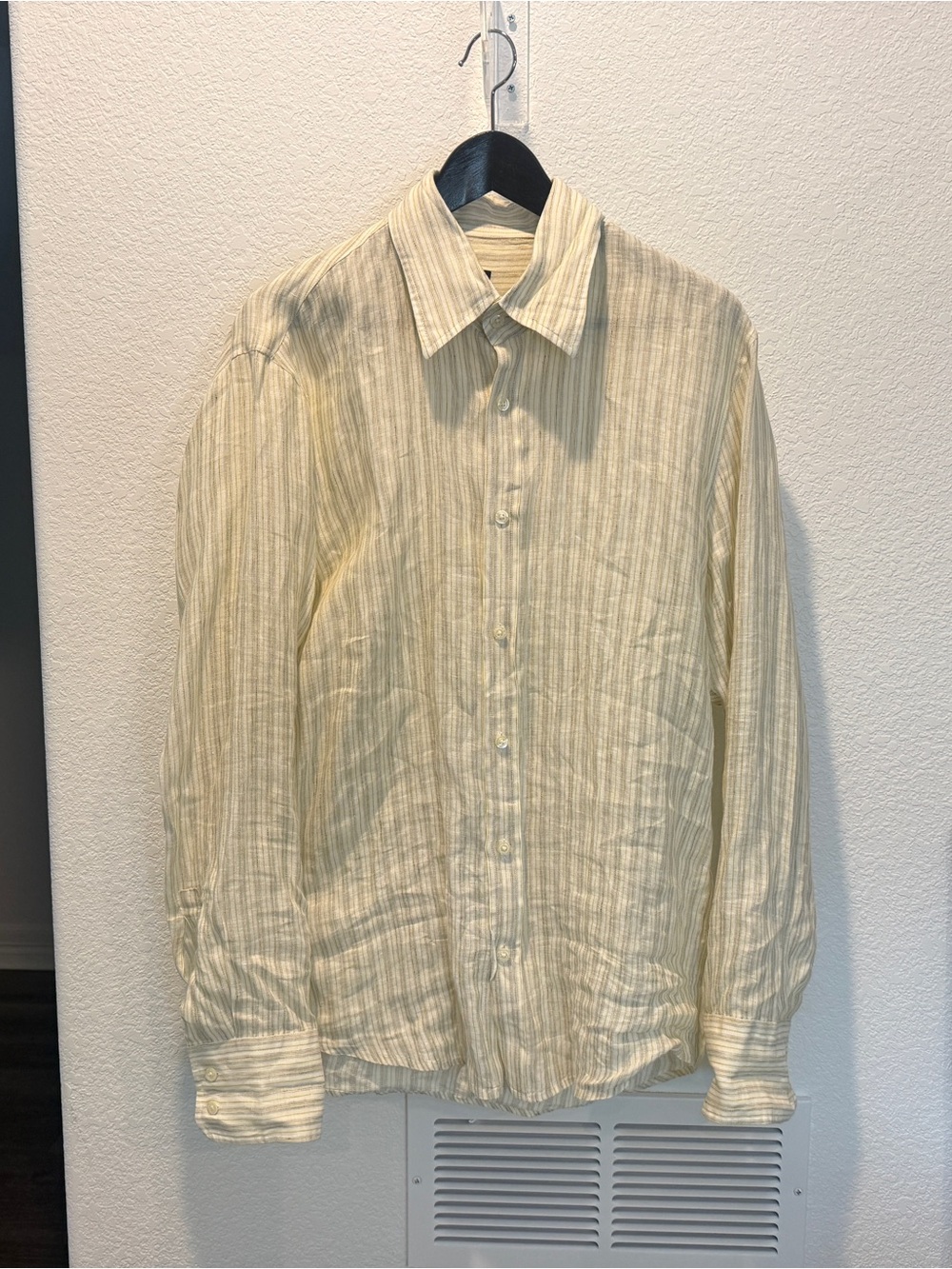 Boss Pale Yellow Striped Linnen Cotton Button-Down Shirt - Large